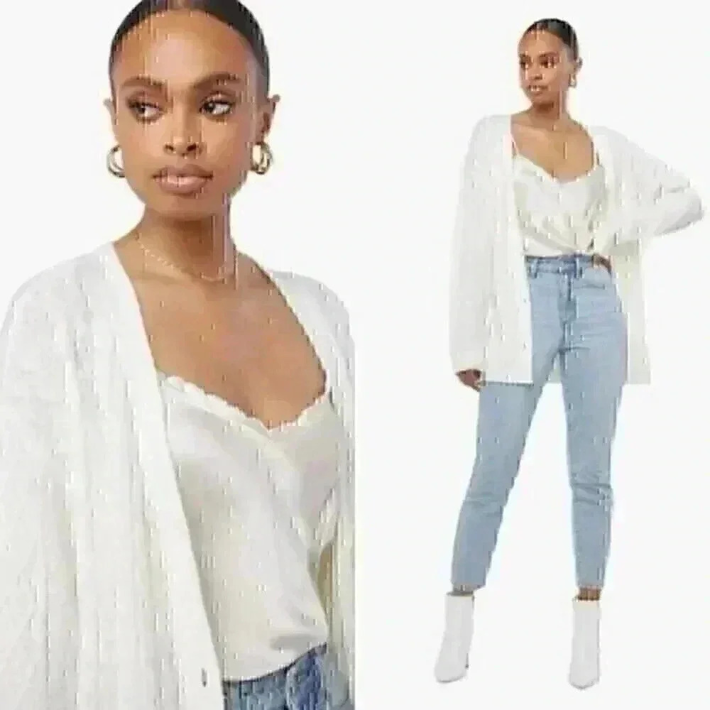 JustFab Womens M Cream Ivory Semi Sheer V-Neck Cardigan Coastal Grandma NWT
